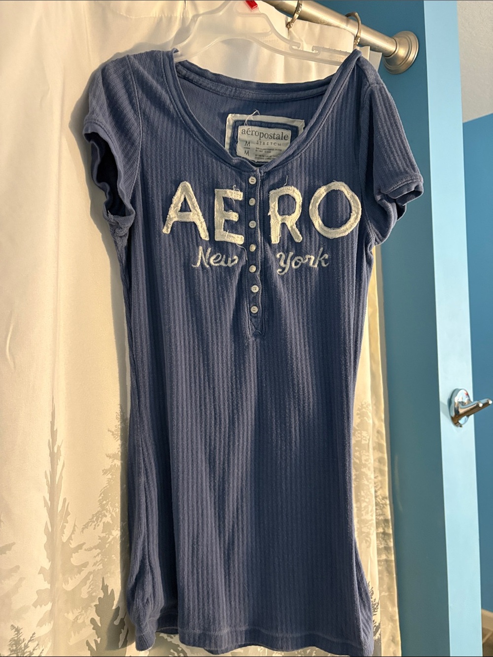 Aeropostale Blue Ribbed Henley Tee with White Logo